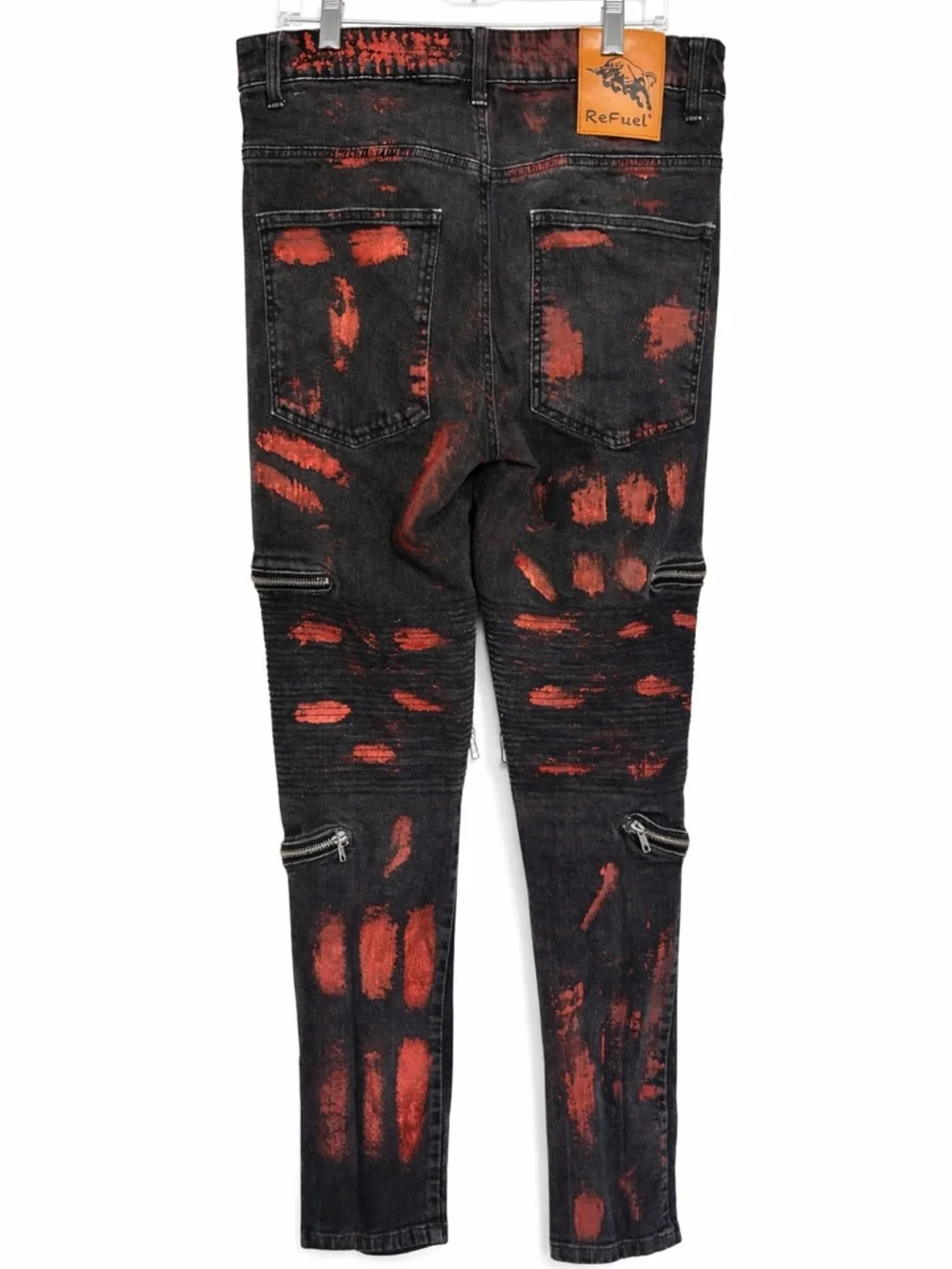 Refuel Black Red Moto Biker Jeans 36x32 Distressed Zip Streetwear Y2K Punk - Picture 2 of 6